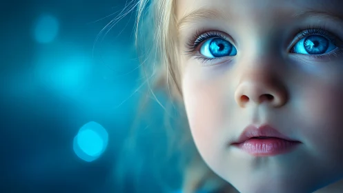 Porcelain-Skinned Child with Luminescent Blue Eyes and Teal Bokeh Backdrop.