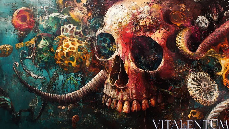 Vibrant skull adrift in swirling cosmic coral dreams.