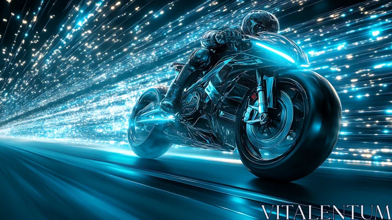 Futuristic rider accelerates through luminous data tunnel