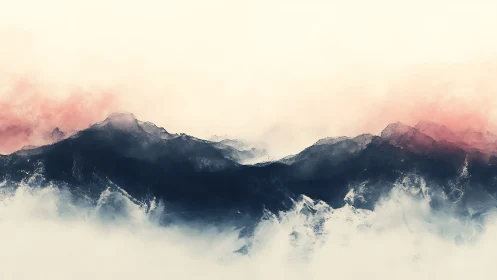 Soft dawn mist drifts across tranquil indigo mountain peaks