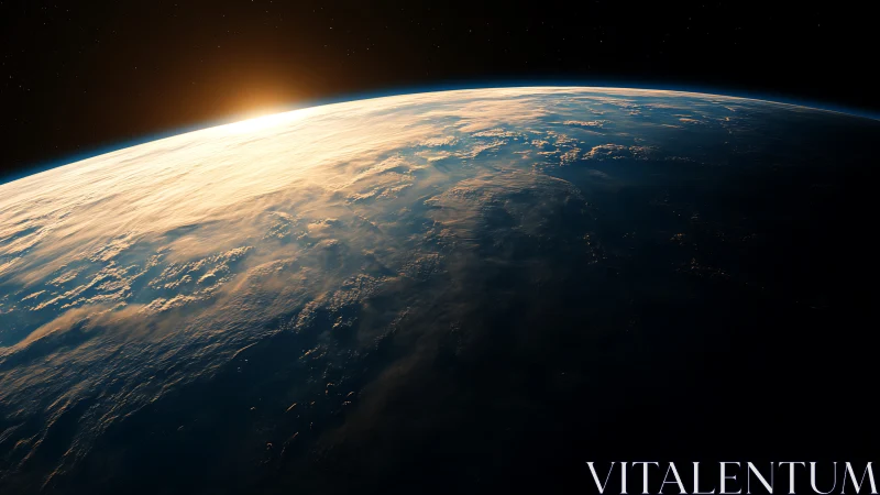 Low Earth orbit sunrise with illuminated cloud deck curvature