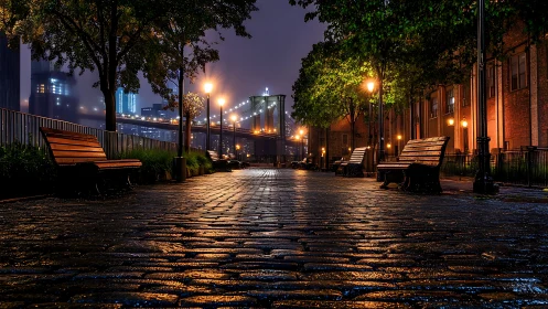 Wet cobblestone walkway shows illuminated bridge at night