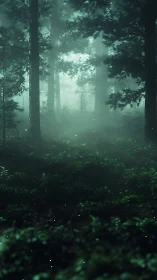 Misty Forest Landscape with Tall Conifers and Ambient Lighting