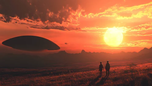 Sunlit wanderers share a quiet moment with a distant starship