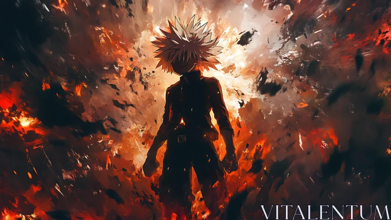 Anime silhouette amid explosive inferno, dynamic backlit framing.