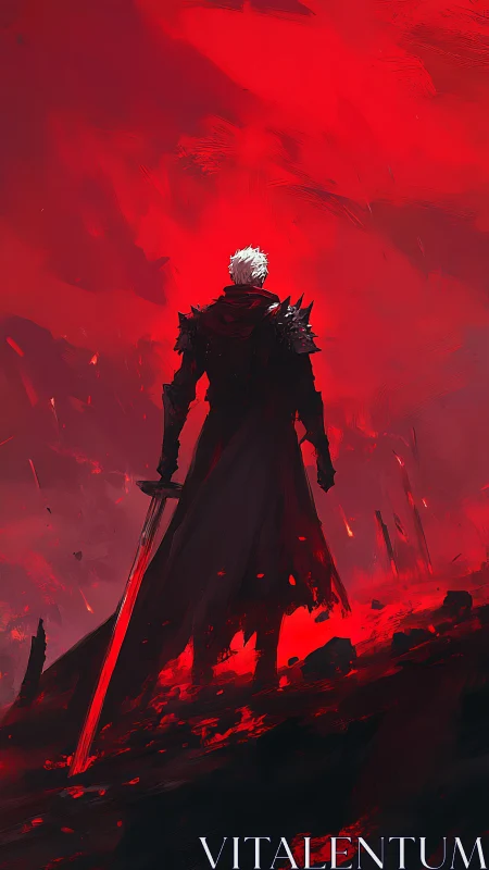 Lone white-haired warrior confronts a burning crimson horizon