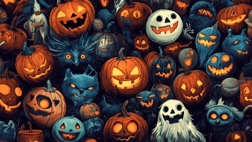 Playful pumpkin crowd and friendly ghosts in spooky glow.