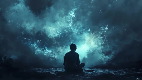 Solitary figure before luminous stormlit cosmic void.