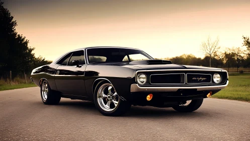 Sunset cruise with a glossy black classic muscle car.