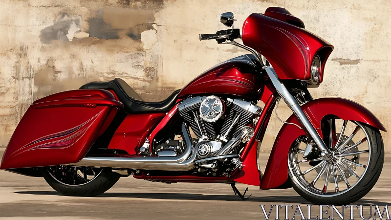 Custom red bagger motorcycle showcases chrome performance.