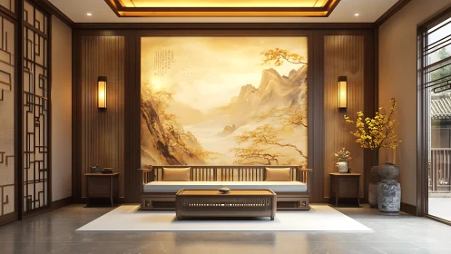 Serene Asian lounge embraces warm wood and mountain mural.