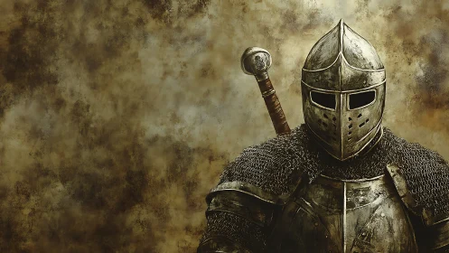 Medieval knight in full armor against worn brown backdrop.