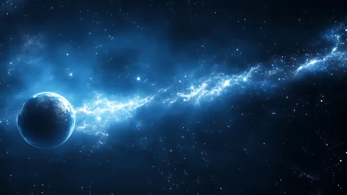 Midnight planet adrift beside a crackling cosmic river.