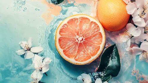 Citrus daydream haloed by petals in turquoise splashscape.