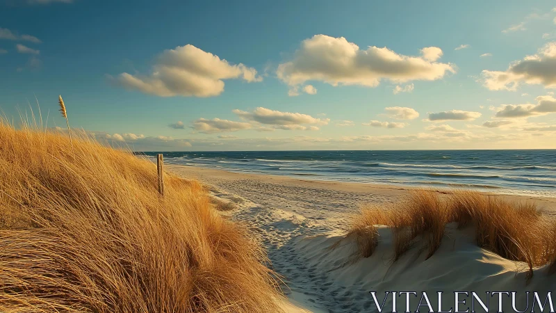 Golden beach grasses glowing under a gentle seaside sunset.