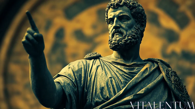 Commanding Roman-style statue under dramatic golden sky.