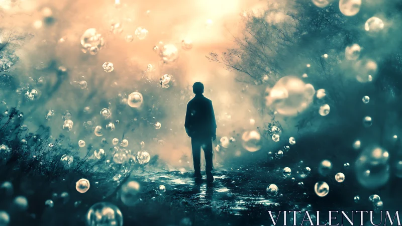 Silhouetted figure on path amid floating translucent spheres.