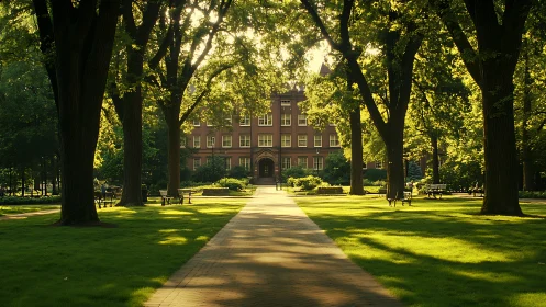 Sunlit collegiate quad framing brick academic hall.