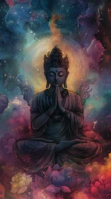 Meditative deity floating in cosmic lotus nebula glow.