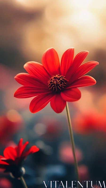 Scarlet daisy macro study in warm sunset bokeh field.