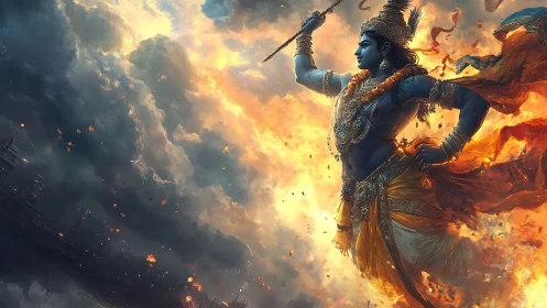 Divine blue warrior rises amid blazing celestial storm.