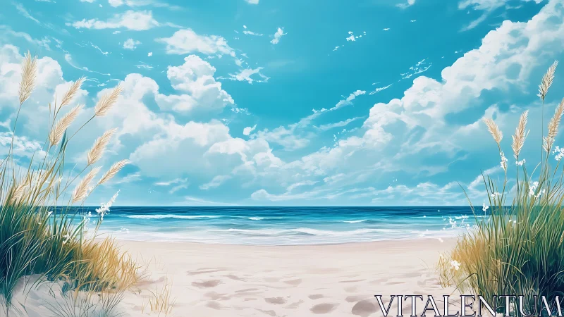 Serene dune beach under luminous clouds and turquoise sky.