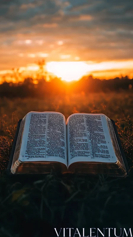 Open Bible rests in grass under warm glowing sunset light