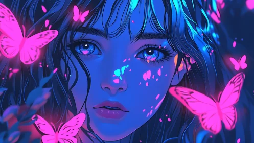 Neon-lit anime portrait unites bioluminescent butterflies and gaze