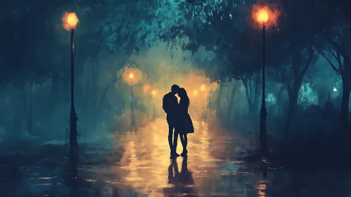 Couple Kissing Under Streetlights on Wet Urban Path.