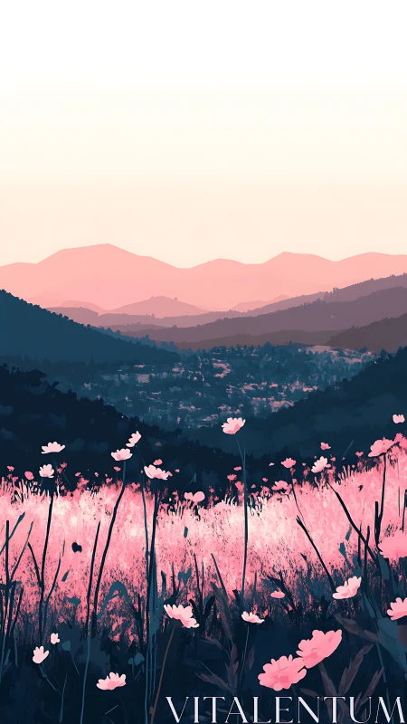 Layered mountain landscape shows stylized valley and flower field