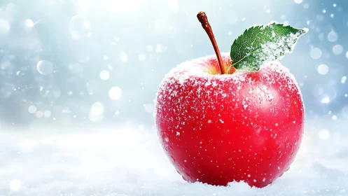 Frost-kissed crimson apple glowing in a snowy daydream.