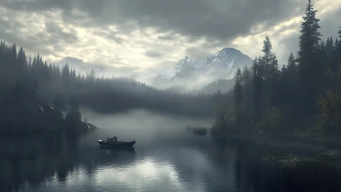Misty mountain lake holds a solitary boat at dawn.