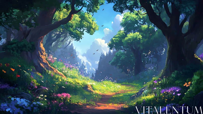 Enchanted Forest Valley with Luminous Trees and Wildflowers.