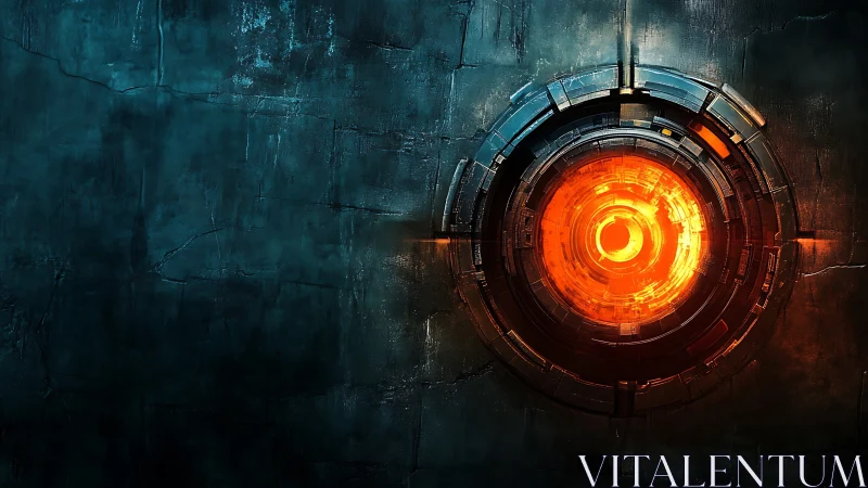 Glowing orange sci fi core set in dark metallic wall