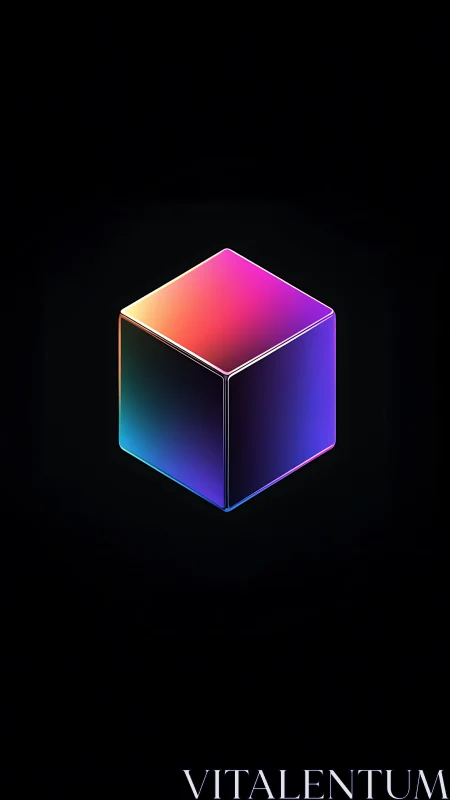 Neon gradient cube on black field, minimalist 3D construct.