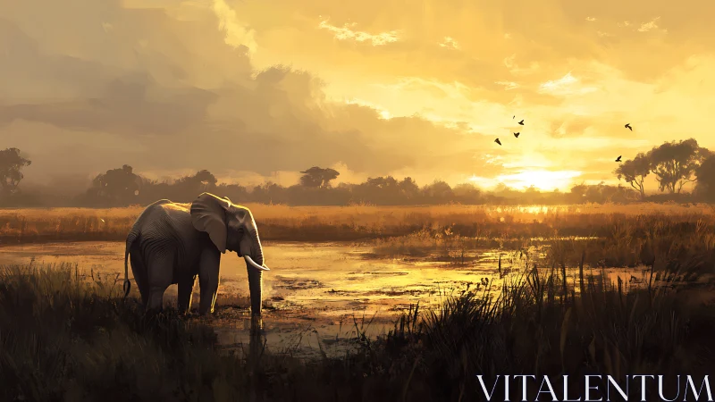 Elephant stands in shallow wetland under intense golden sunset