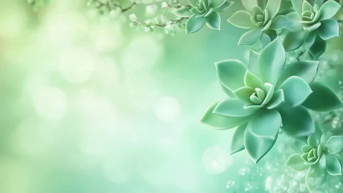Mint green succulents over soft bokeh garden background.