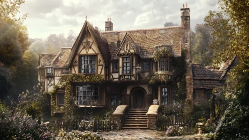 Stone and timber country house in dense garden setting.