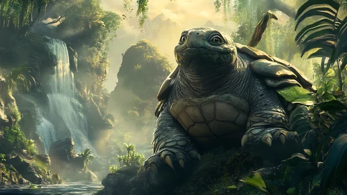 Gentle giant turtle rests in lush waterfall jungle realm.