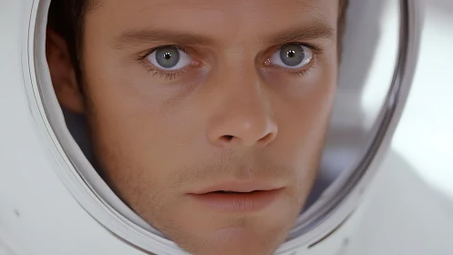 Steady gaze of a focused astronaut fills the glowing helmet frame