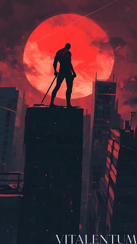 Bloodred moon sentinel over a brooding neon concrete maze.