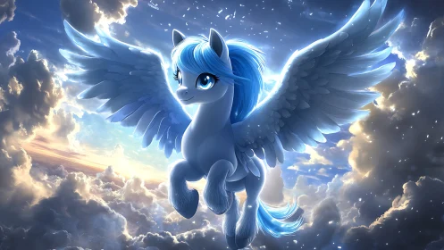 Winged blue-maned cartoon pony in luminous cloud sky.