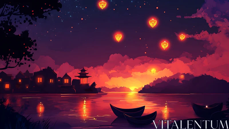 Neon Lanterns Float Above Twilight Riverside Sanctuary.