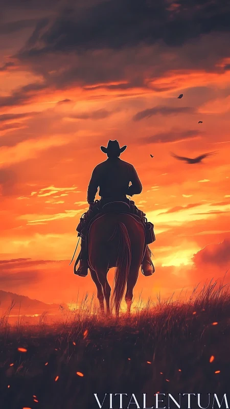 Silhouetted cowboy on horseback under blazing sunset sky.