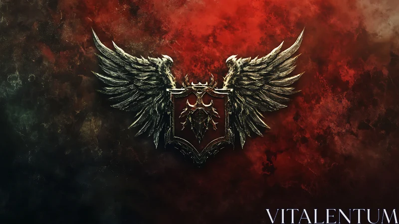 Winged metal crest spreads across dark red smoke field