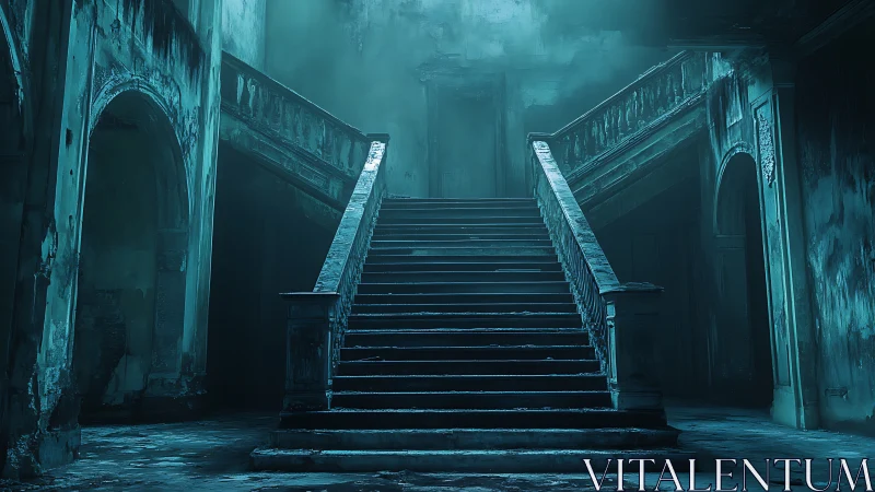 Grand haunted staircase in eerie cyan-lit ruin interior.