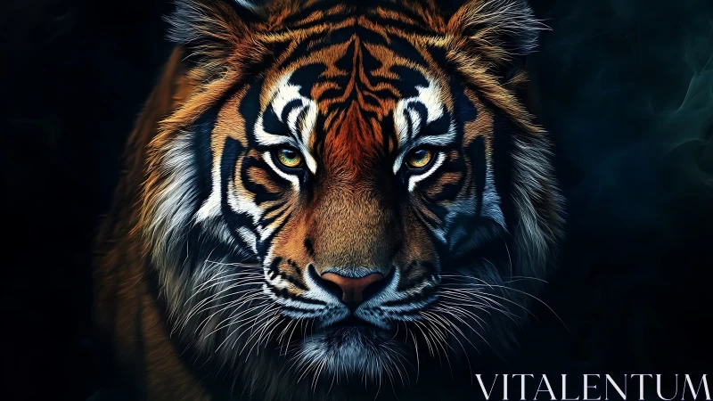 Tiger portrait glows with neon-edged fur and burning gaze.