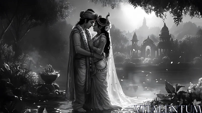 Divine couple stands by riverside temple in moonlit garden