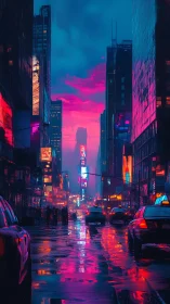 Neon-lit city street scene shows wet roadway and tall buildings
