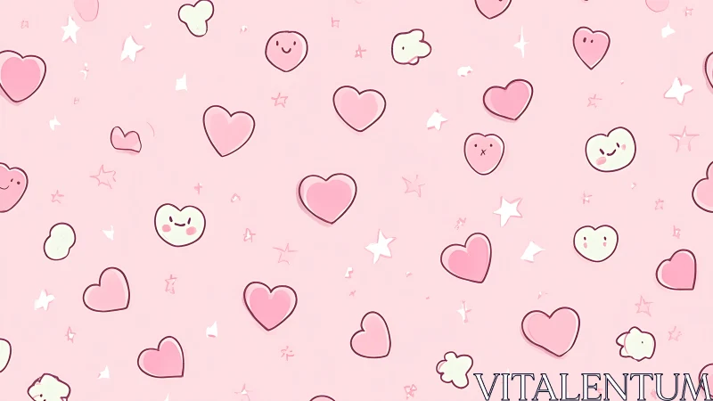Kawaii heart icon pattern uses flat shading on pastel pink field